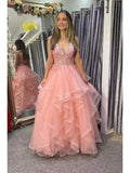 A-Line Prom Dresses Princess Dress Formal Floor Length Sleeveless V Neck Tulle Backless with Pleats Appliques 2023