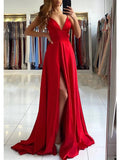 A-Line Prom Dresses Empire Dress Formal Sweep / Brush Train Sleeveless V Neck Imitation Silk Backless with Pleats Slit 2023