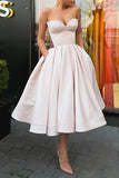 A-Line Prom Dresses Elegant Dress Wedding Guest Tea Length Sleeveless Strapless Satin with Sequin Pure Color 2023