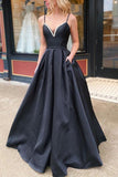 A-Line Prom Dresses Open Back Dress Formal Floor Length Sleeveless V Neck Stretch Satin Backless with Pleats Beading Pocket 2023